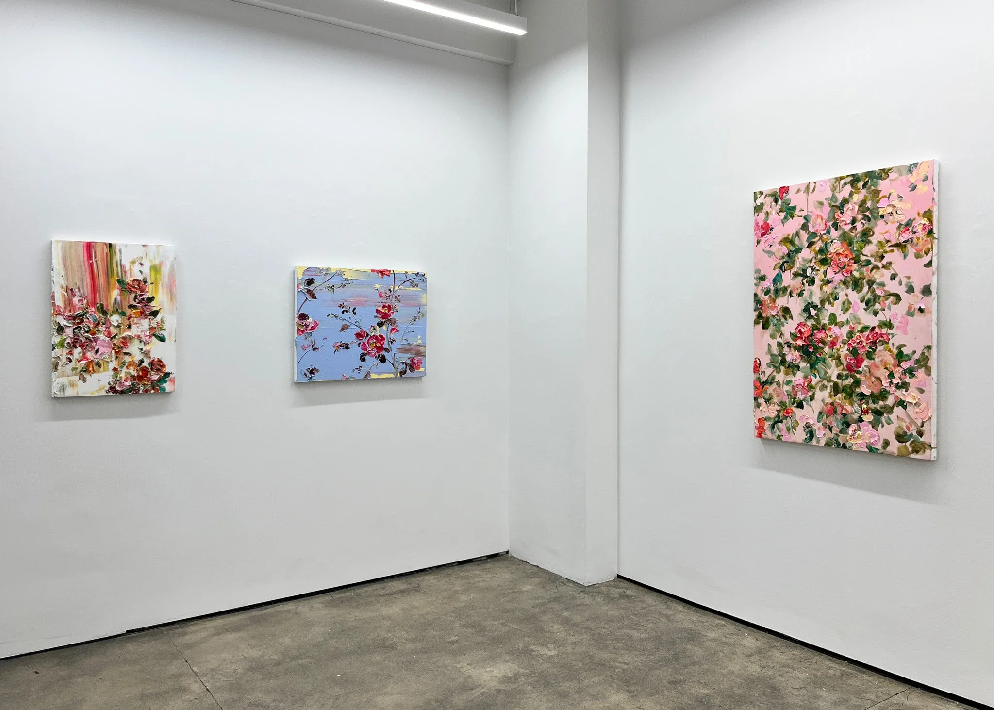  Left:  Juicy Jay , oil on panel, 2025, 27.5×19.75in  Center:  Cheri Cheri Lady , oil on panel, 2026, 24×30in  Right:  Could Heaven Ever        Be Like This,  oil on canvas, 2026, 45×32in 