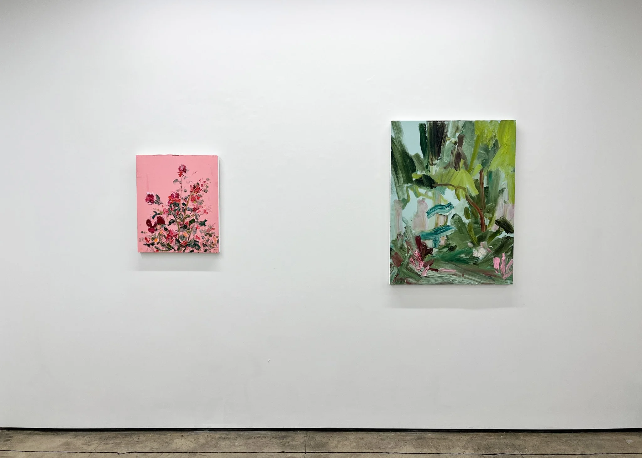  Left:  Glass Candy Heart , oil on panel, 2026, 24×20in  Right:  Forest of Forgotten , oil on canvas, 2026, 40×30in 