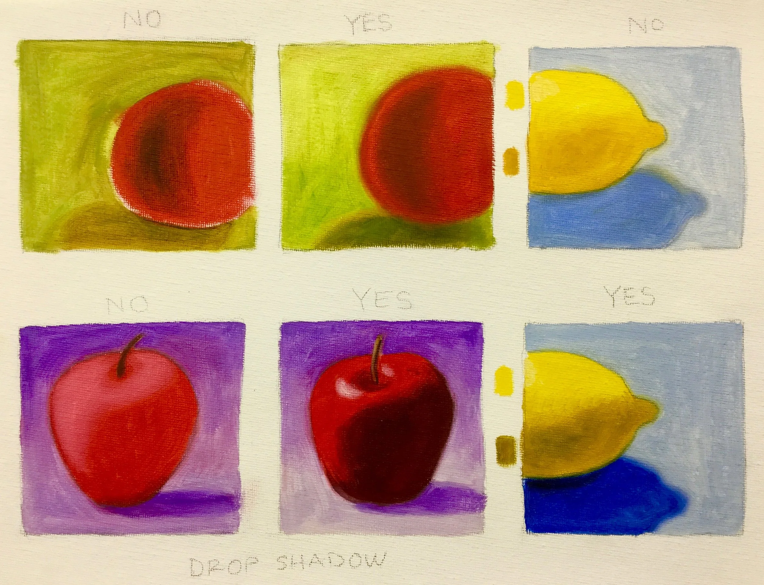Fruit Tips, Above EDGES OF OBJECTS: Don't leave the edges with bits of white canvas showing OR as a razor sharp line. CONTRAST: Push contrast farther than you think. Mostly that means, Don't be afraid of the darks. DON'T USE WHITE, except for highlights. DROP SHADOW: A background that grades from dark to light (going top to bottom) gives depth to a simple one-color backdrop. 