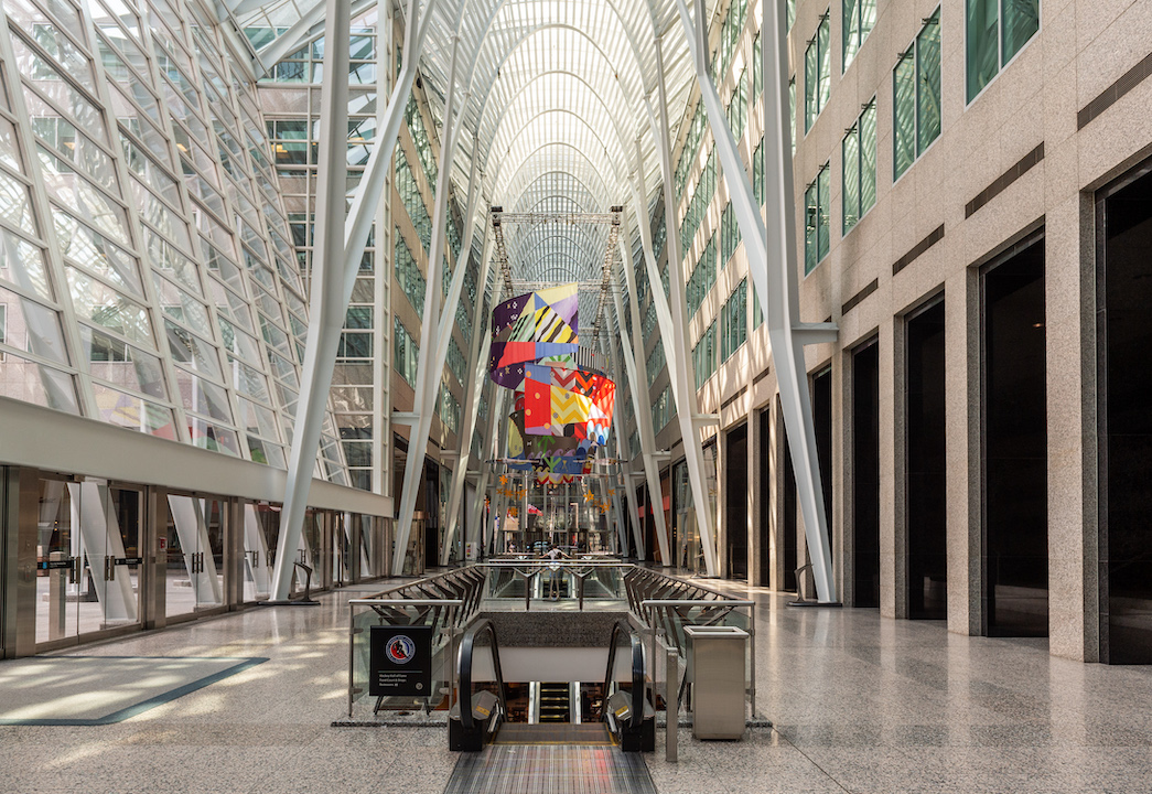 Tepkik, 2018 Materials: Print on Polysilk, 3M reflective print on Aluminum panels Dimensions: 100'x40'x25’ Photo: Ernesto Di Stefano Installation commissioned by Brookfield Place Toronto. Produced by Pearl Wagner Art Consultants. Project managed by IOTA STUDIOS