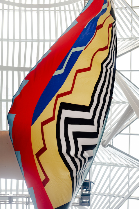   Tepkik, 2018    Materials:  Print on Polysilk, 3M reflective print on Aluminum panels  Dimensions:  100'x40'x25’  Photo:  Ernesto Di Stefano  Installation commissioned by Brookfield Place Toronto.  Produced by Pearl Wagner Art Consultants.  Project