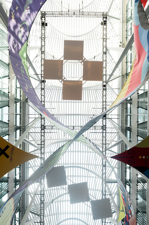   Tepkik, 2018    Materials:  Print on Polysilk, 3M reflective print on Aluminum panels  Dimensions:  100'x40'x25’  Photo:  Ernesto Di Stefano  Installation commissioned by Brookfield Place Toronto.  Produced by Pearl Wagner Art Consultants.  Project