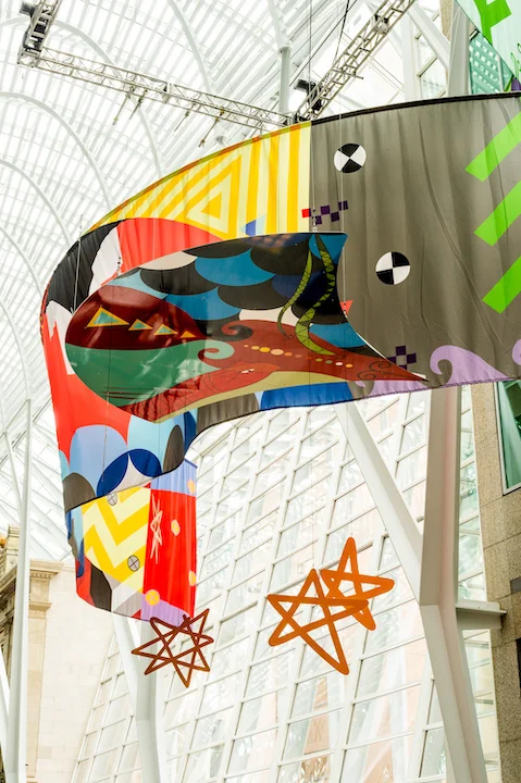 Tepkik, 2018 Materials: Print on Polysilk, 3M reflective print on Aluminum panels Dimensions: 100'x40'x25’ Photo: Ernesto Di Stefano Installation commissioned by Brookfield Place Toronto. Produced by Pearl Wagner Art Consultants. Project managed by IOTA STUDIOS