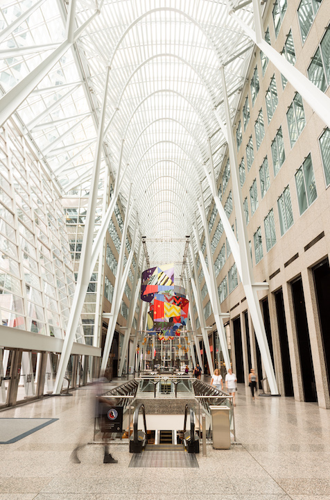   Tepkik, 2018    Materials:  Print on Polysilk, 3M reflective print on Aluminum panels  Dimensions:  100'x40'x25’  Photo:  Ernesto Di Stefano  Installation commissioned by Brookfield Place Toronto.  Produced by Pearl Wagner Art Consultants.  Project