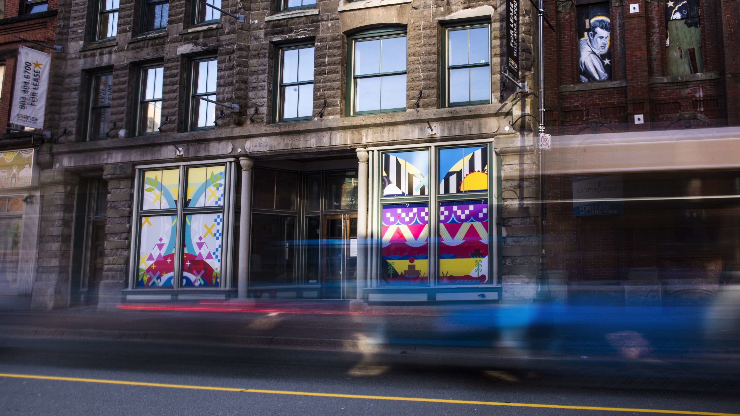   Ne’ata’q (Sun is Coming Out) 2019   1566 Barrington Street, Halifax, NS  Materials:  Print on Vinyl  Photo:  NOCTURNE Installation commissioned by  NOCTURNE , DHBC’s for Gritty to Pretty Program Project managed by  IOTA STUDIOS  
