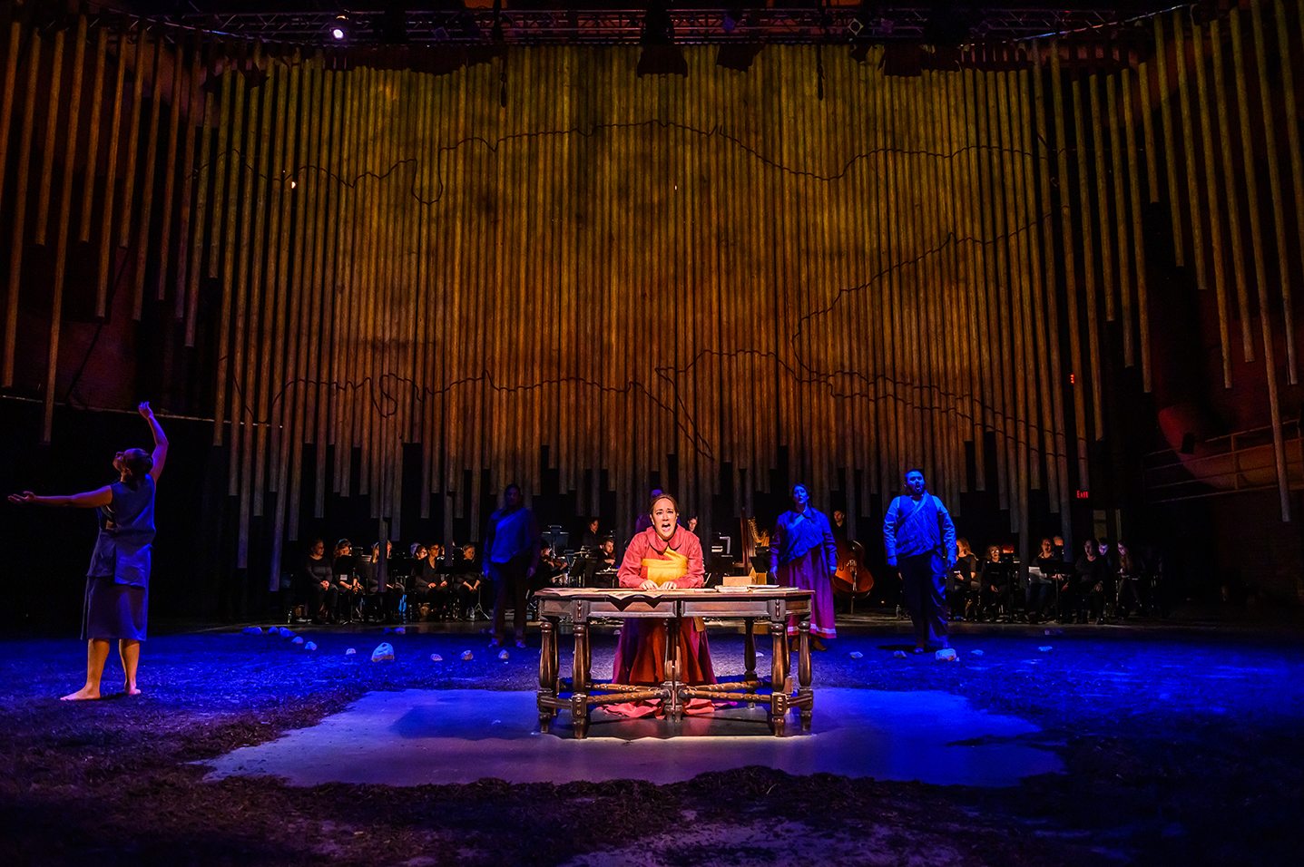 Shanawdithit Opera, 2019 Materials: Printed Polysilk elements as part of Shanawdithit production Photo: Tapestry Opera Installation commissioned by Tapestry Opera and Opera on the Avalon Performed at Joey and Toby Tanenbaum Opera Centre in Toronto, ON and the Arts and Culture Centre, St.John’s, NL