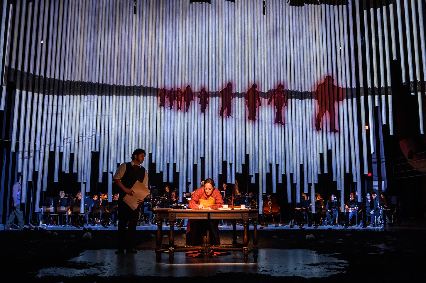   Shanawdithit Opera,  2019   Materials:  Printed Polysilk elements as part of Shanawdithit production  Photo:  Tapestry Opera  Installation commissioned by  Tapestry Opera  and  Opera on the Avalon  Performed at Joey and Toby Tanenbaum Opera Centre 