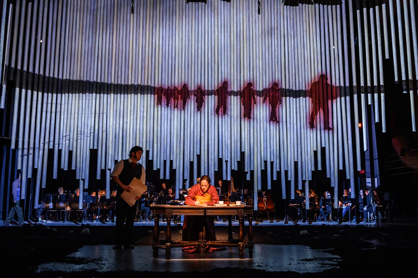 Shanawdithit Opera, 2019 Materials: Printed Polysilk elements as part of Shanawdithit production Photo: Tapestry Opera Installation commissioned by Tapestry Opera and Opera on the Avalon Performed at Joey and Toby Tanenbaum Opera Centre in Toronto, ON and the Arts and Culture Centre, St.John’s, NL
