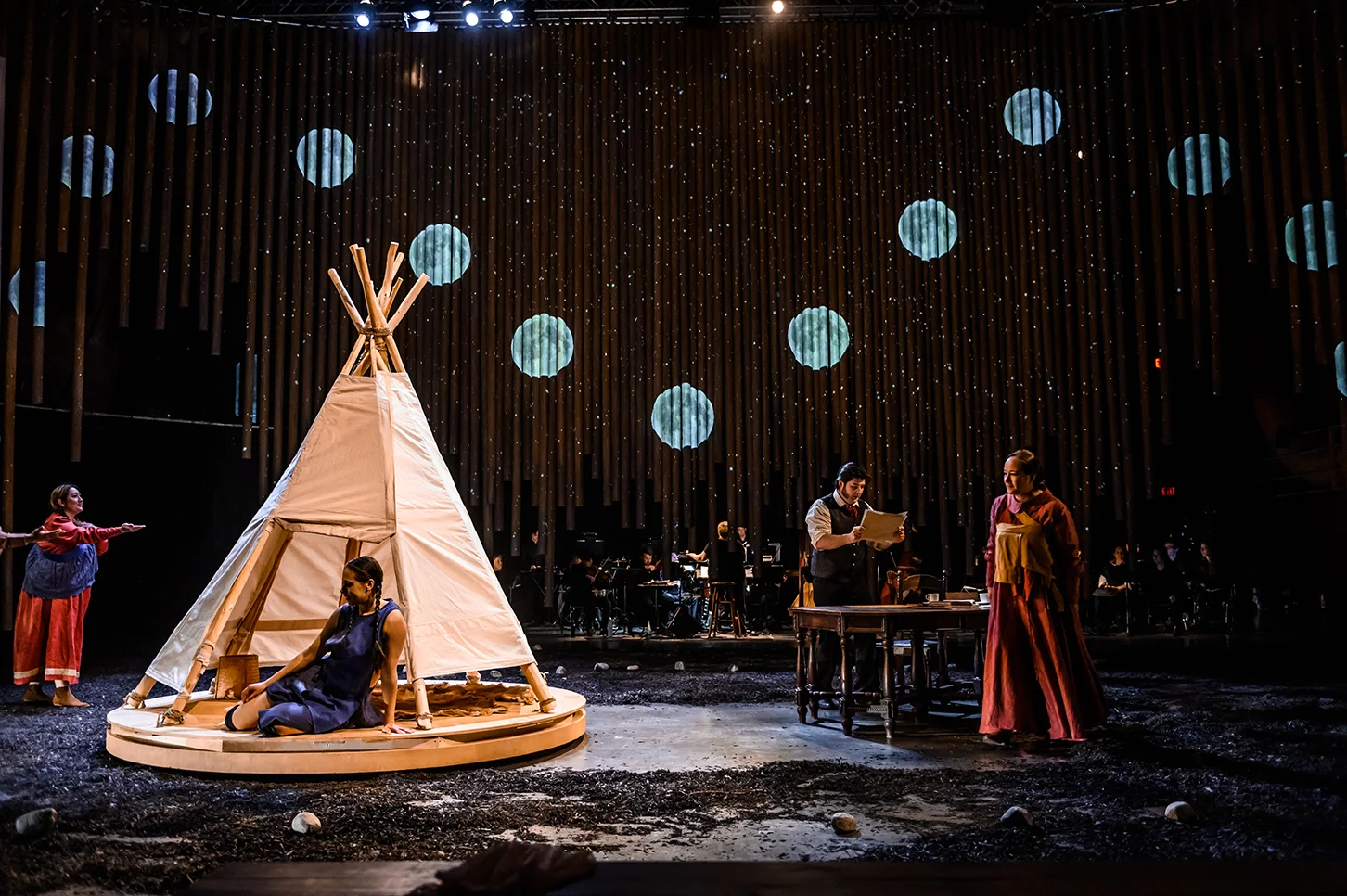 Shanawdithit Opera, 2019 Materials: Printed Polysilk elements as part of Shanawdithit production Photo: Tapestry Opera Installation commissioned by Tapestry Opera and Opera on the Avalon Performed at Joey and Toby Tanenbaum Opera Centre in Toronto, ON and the Arts and Culture Centre, St.John’s, NL