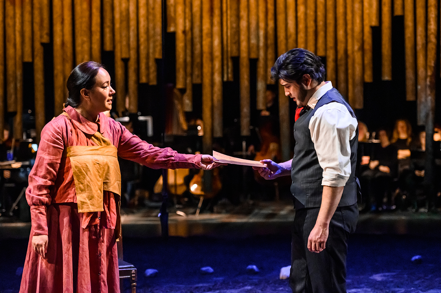   Shanawdithit Opera,  2019   Materials:  Printed Polysilk elements as part of Shanawdithit production  Photo:  Tapestry Opera  Installation commissioned by  Tapestry Opera  and  Opera on the Avalon  Performed at Joey and Toby Tanenbaum Opera Centre 