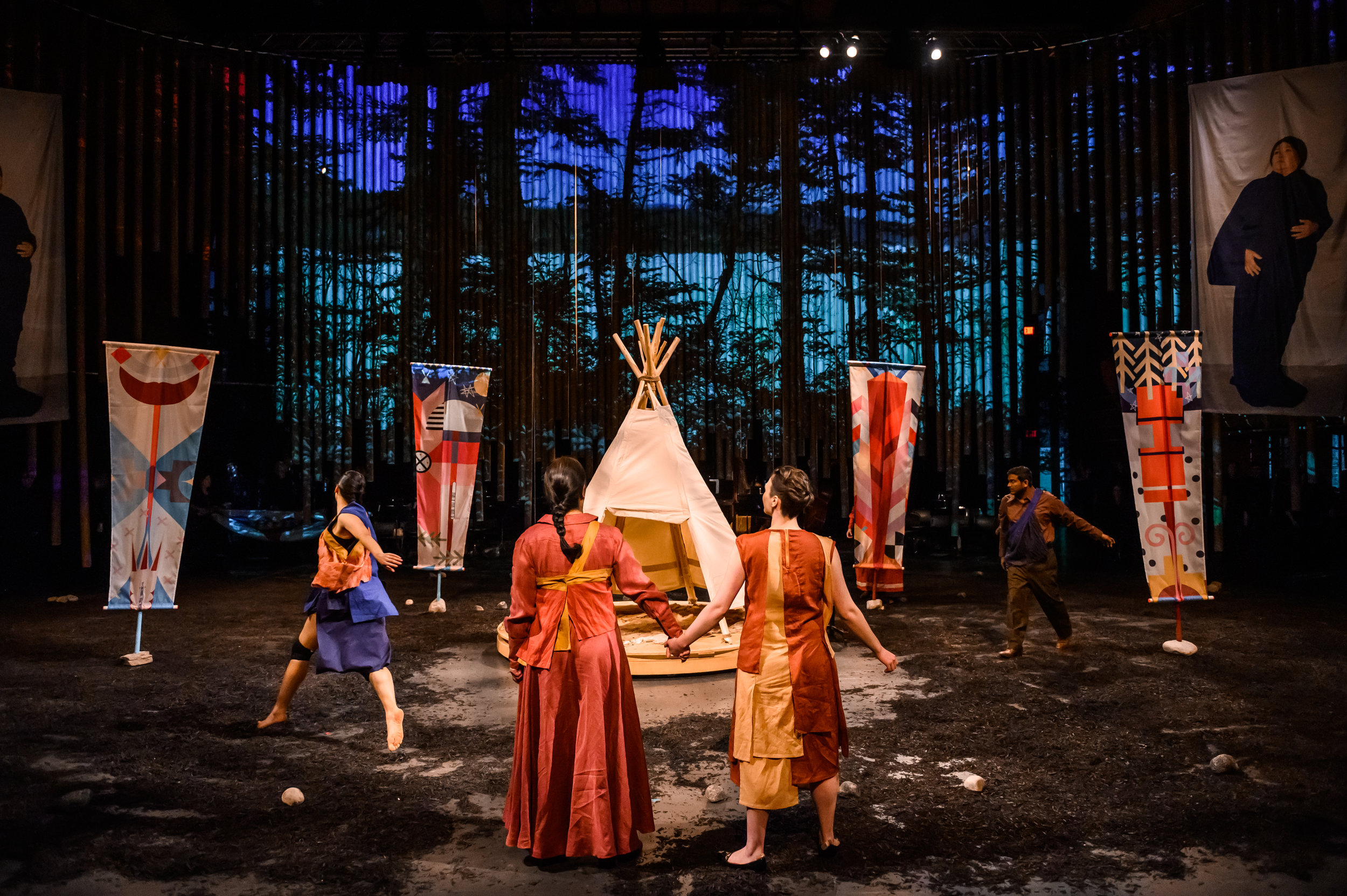   Shanawdithit Opera,  2019   Materials:  Printed Polysilk elements as part of Shanawdithit production  Photo:  Tapestry Opera  Installation commissioned by  Tapestry Opera  and  Opera on the Avalon  Performed at Joey and Toby Tanenbaum Opera Centre 