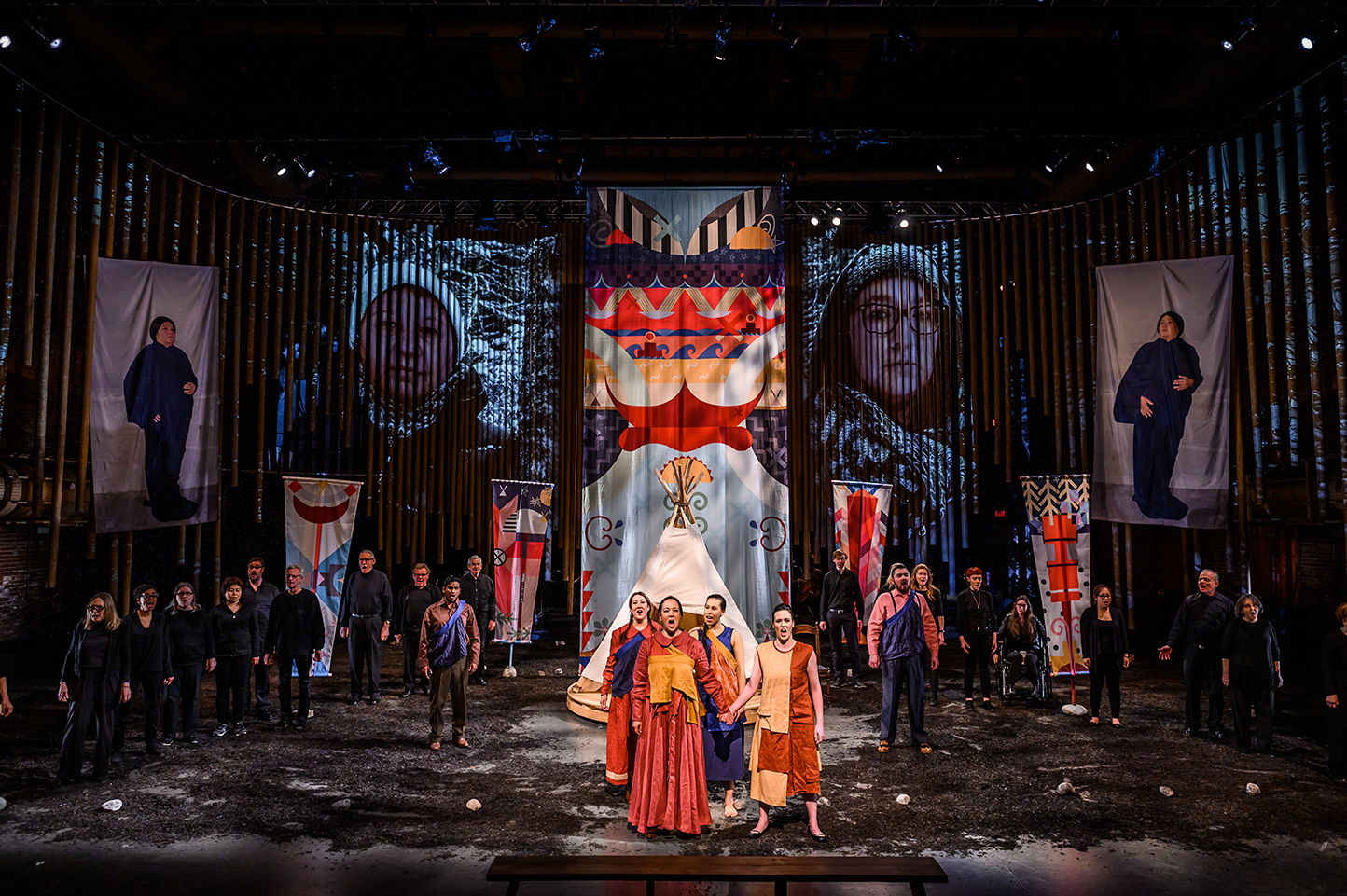   Shanawdithit Opera,  2019   Materials:  Printed Polysilk elements as part of Shanawdithit production  Photo:  Tapestry Opera  Installation commissioned by  Tapestry Opera  and  Opera on the Avalon  Performed at Joey and Toby Tanenbaum Opera Centre 