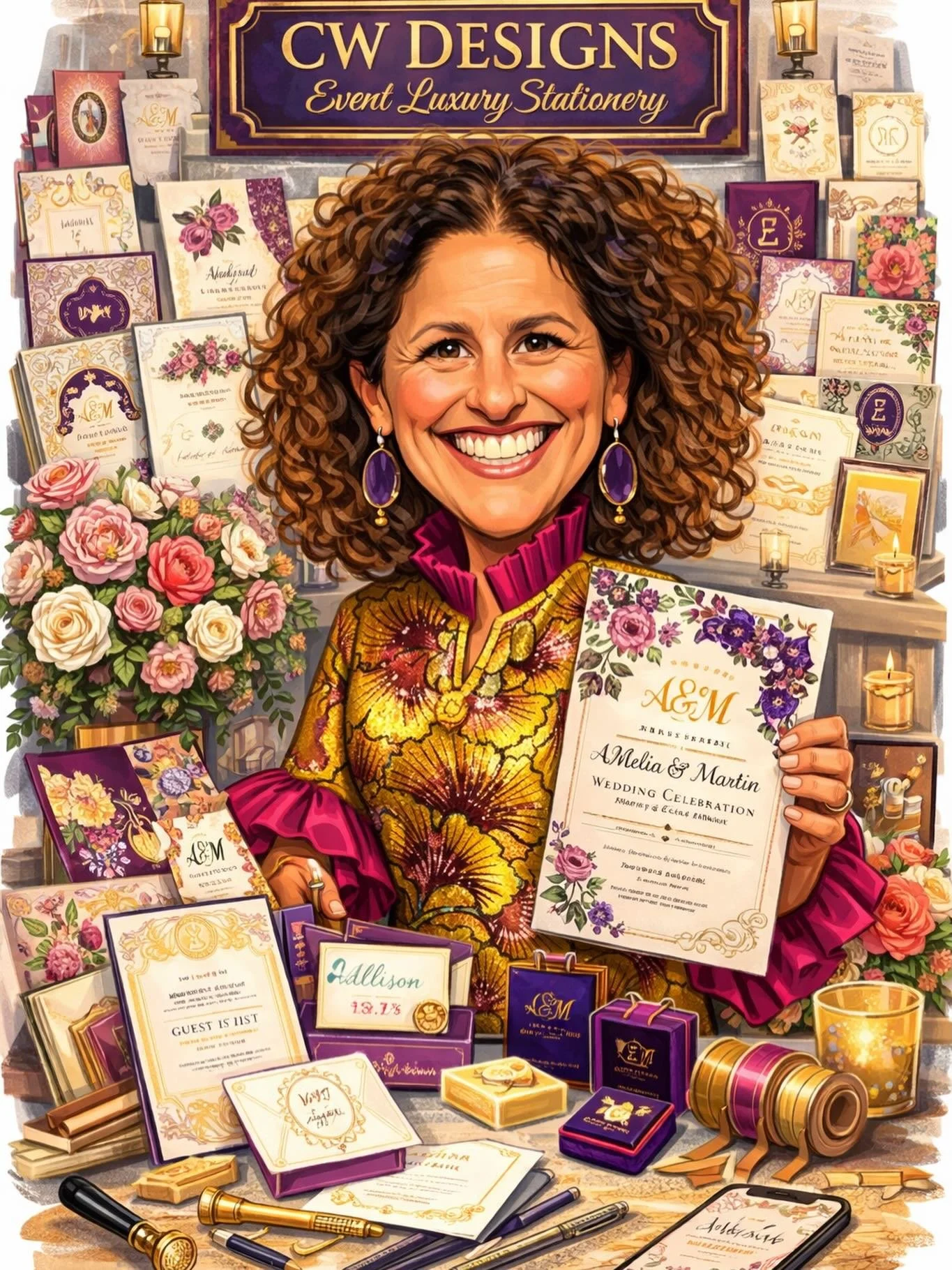 There&rsquo;s a reason I have a permanent smile in this caricature (and in real life!): it&rsquo;s because of you.

Creating luxury stationery for CW Designs isn&rsquo;t just about the high-quality cardstock or the perfect gold foil; it&rsquo;s about
