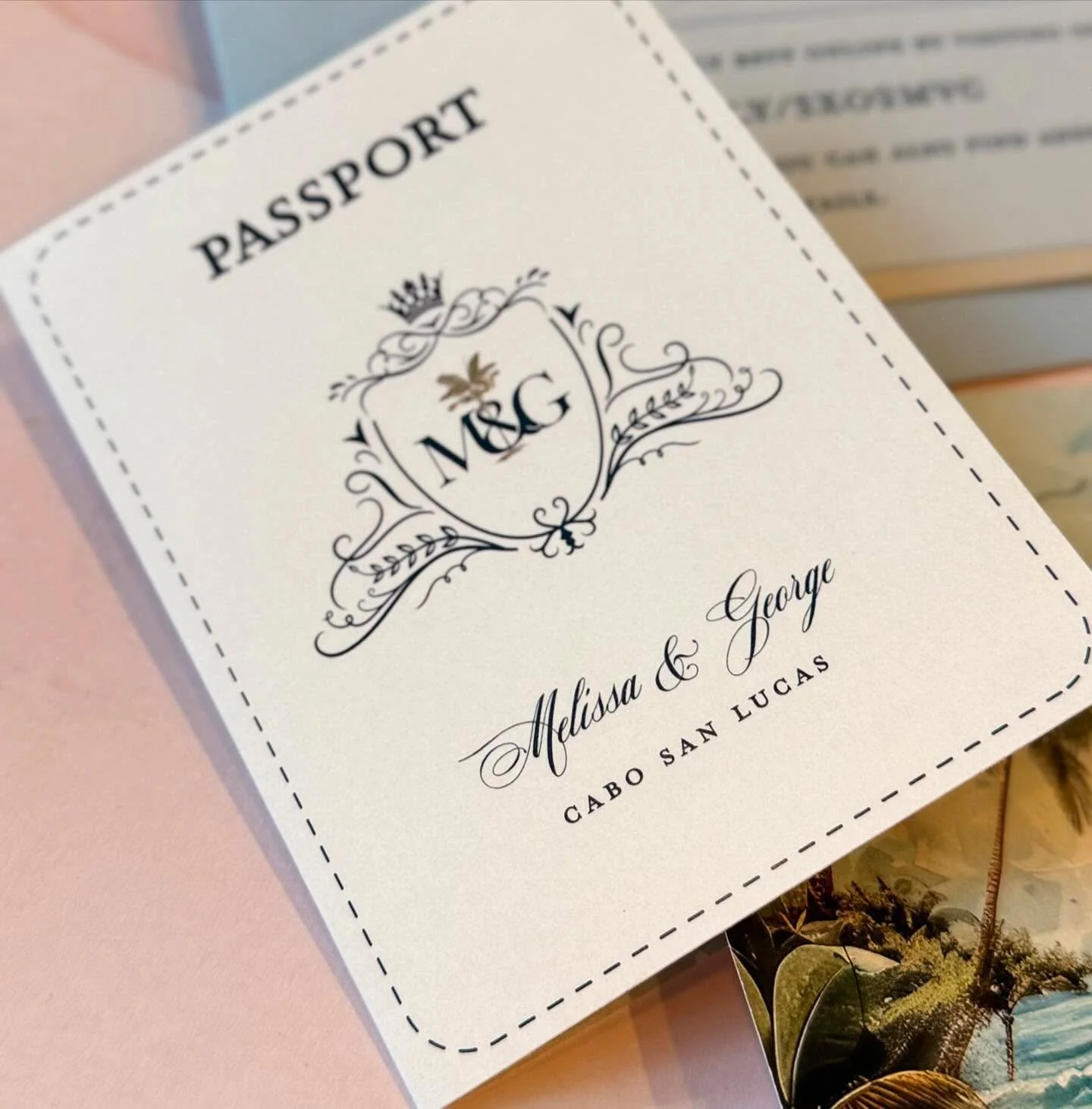 Ready to celebrate Melissa and George&rsquo;s love in paradise! 🌴✈️ This custom passport invitation suite perfectly sets the tone for their dreamy Cabo San Lucas wedding. With personalized details and tropical vibes, it&rsquo;s the perfect way to in
