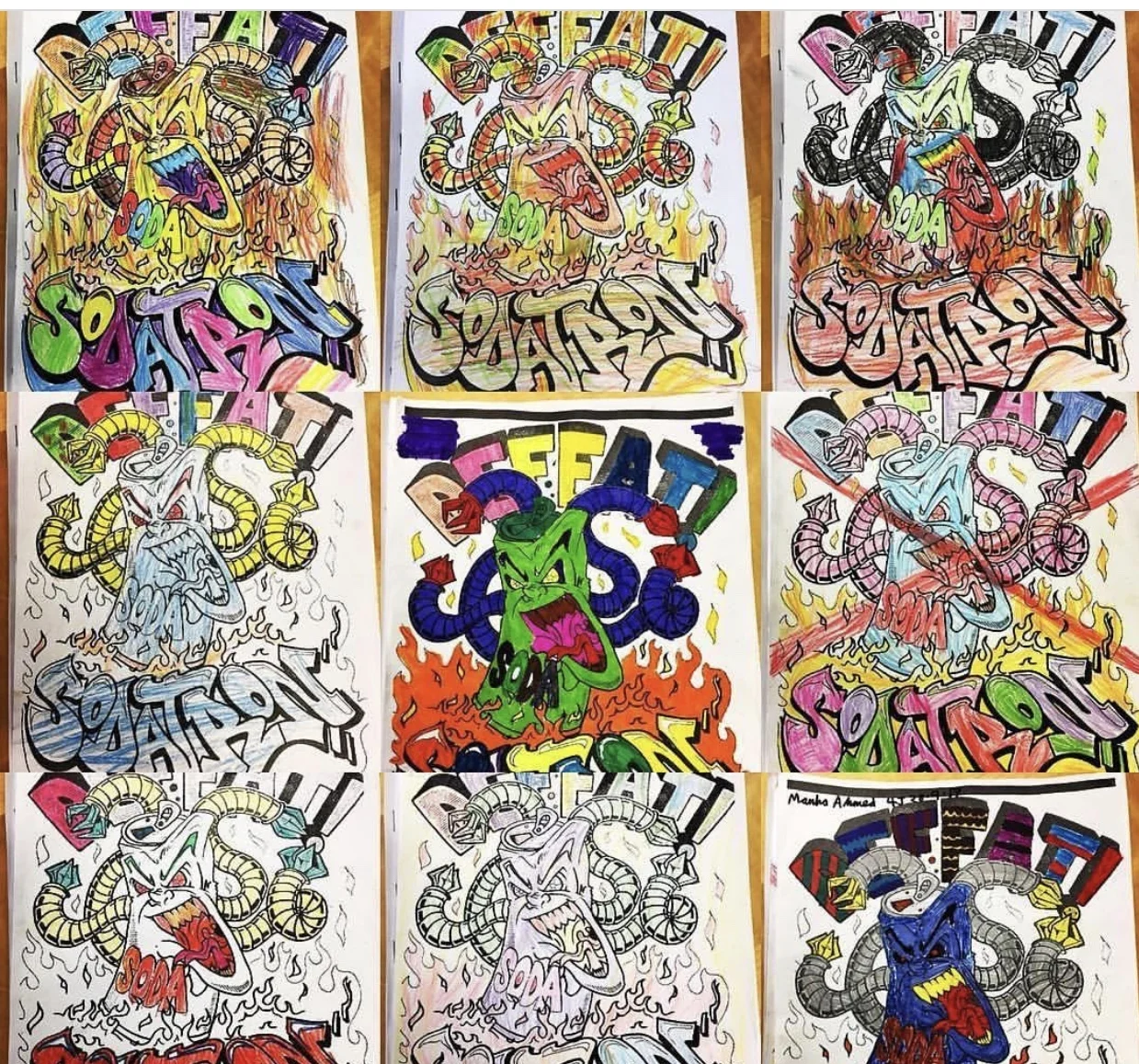 A parade of colorful DEFEAT SODATRON artwork from school children in Kenya. Youth art becomes a nidus for rebellion against BIG SODA greed and propaganda.