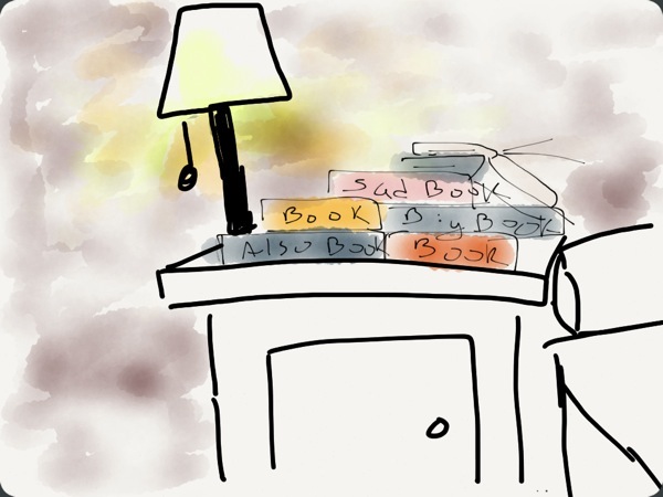 A graphic representation of the book graveyard that is my nightstand