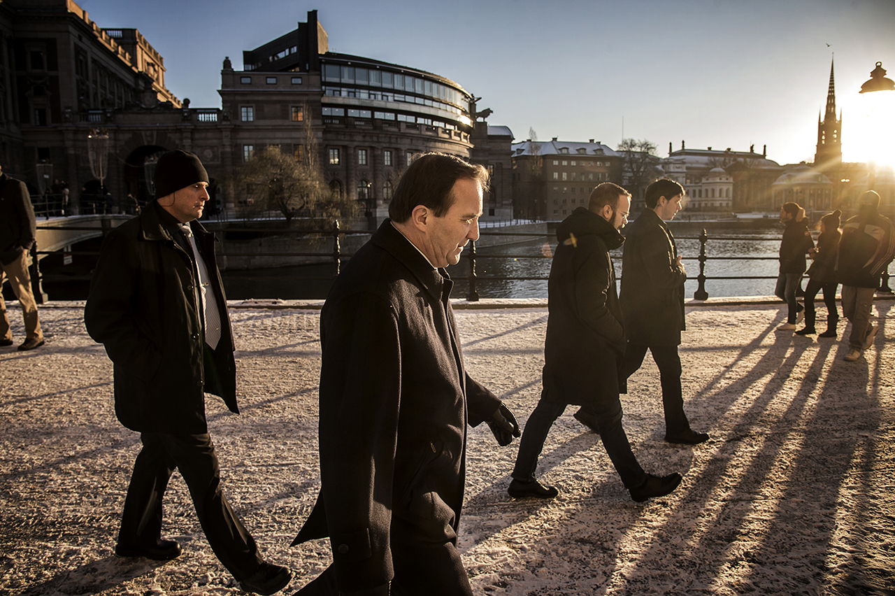 Prime minister Stefan Löfven takes a walk in central Stockholm.