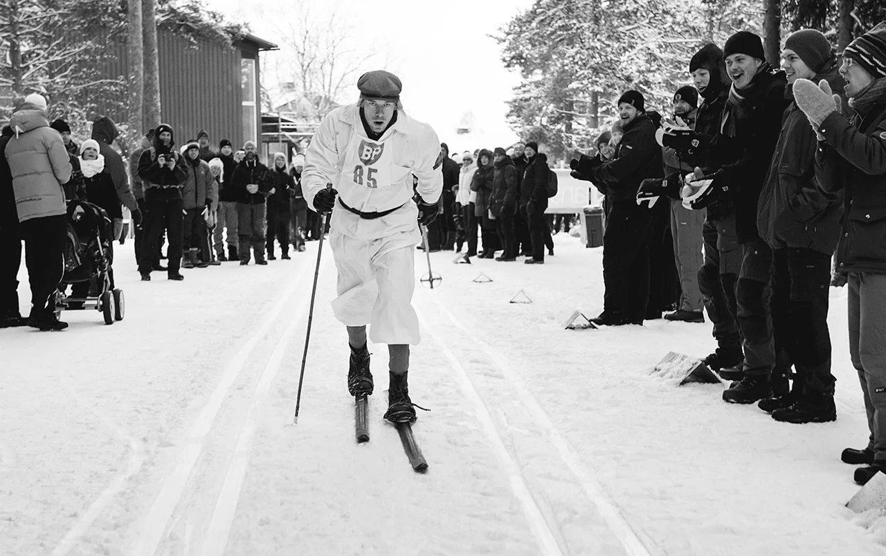 Cross country skier Emil Jönsson, dressed in old style competition costume during a photoshoot for Sportbladet, 2014. 