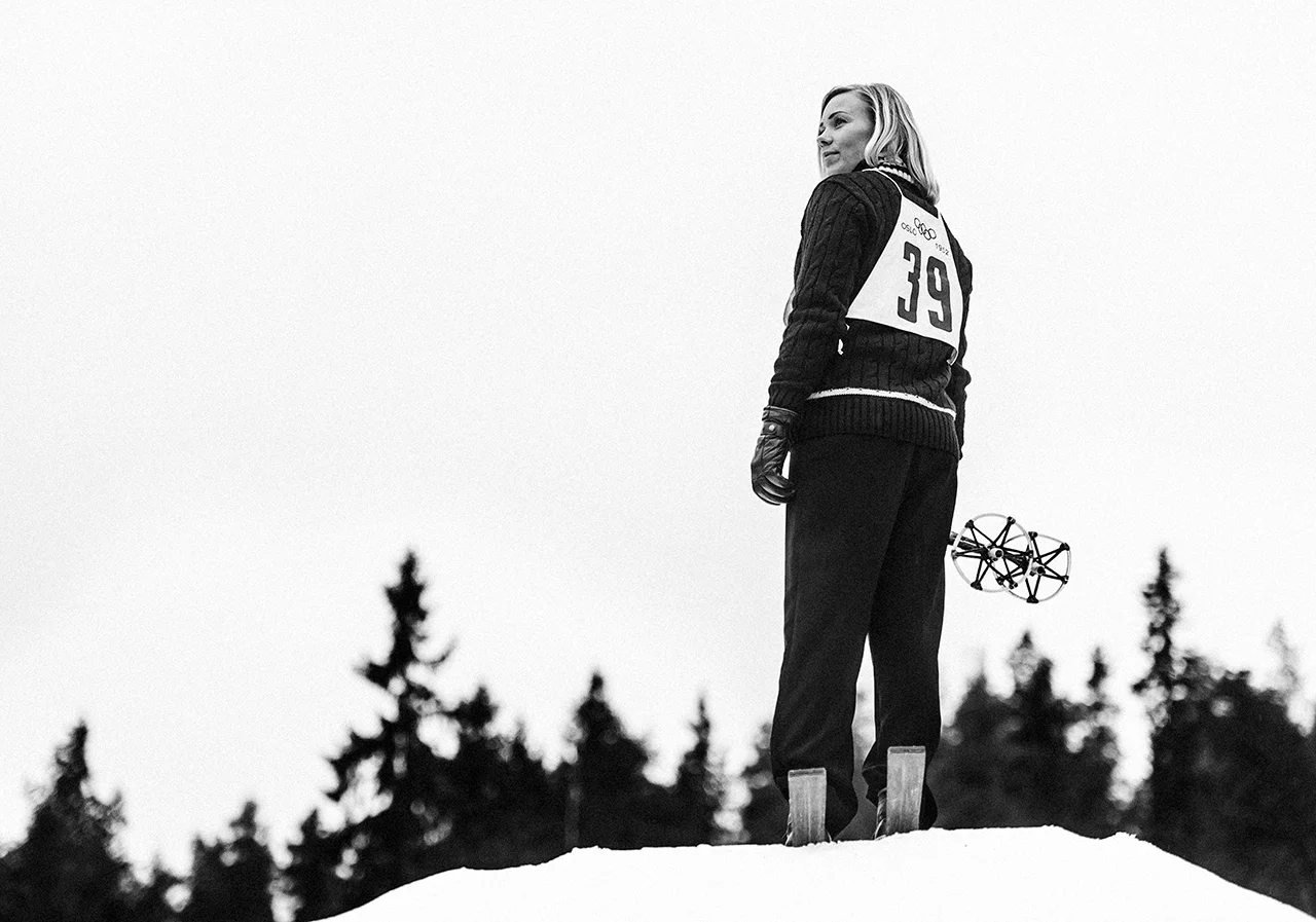 Frida Hansdotter, pro alpine skier, dressed in old style competition costume during a photoshoot for Sportbladet, 2014. 
