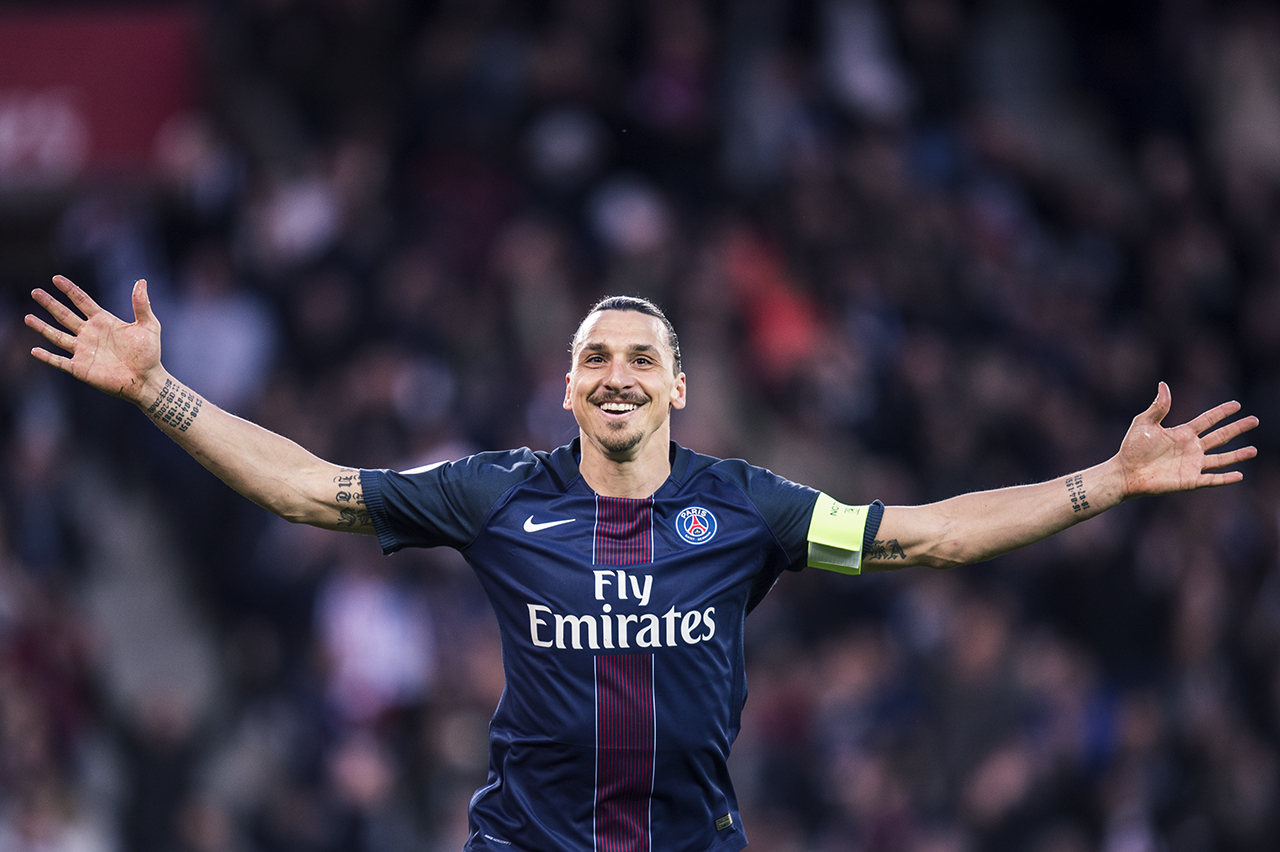 Zlatan Ibrahimovic celebrates after scoring the opening goal against Nantes during a game in the french league "ligue 1". 