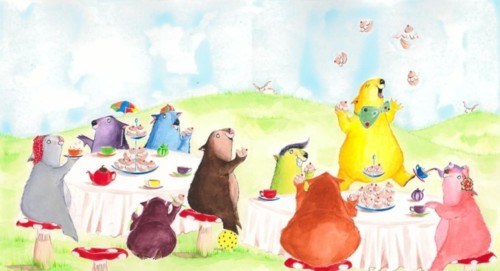 Nine silly wombats having tea and buns.jpg
