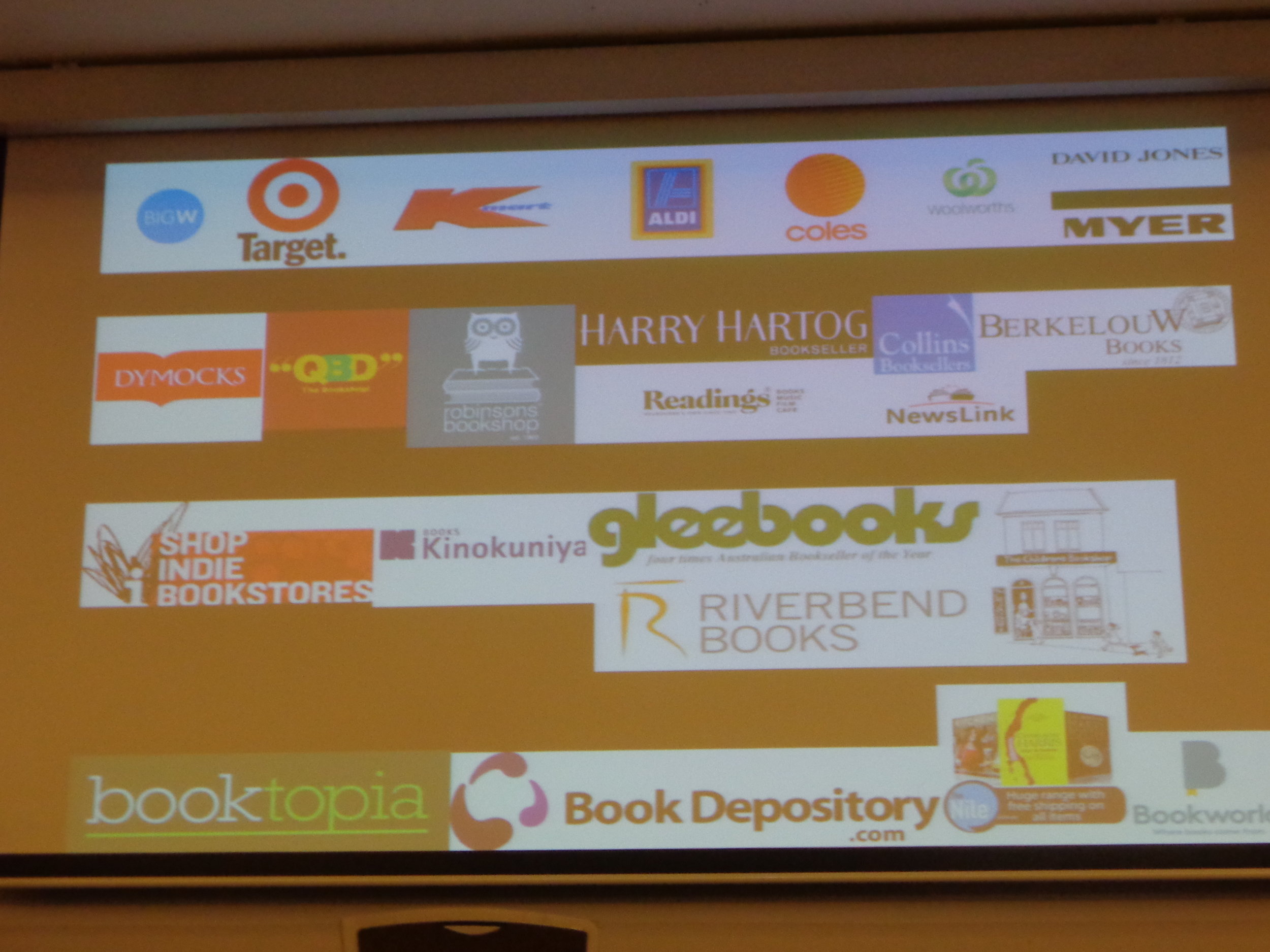 A collective example of the four channels which will eventually sell your book: Discount bulk sellers, Chain stores, Indie Book shops, and Online. Not forgetting the ubiquitous school Book Fairs and Clubs.