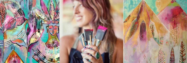 Flora Bowley and her paintings. Image source HERE .