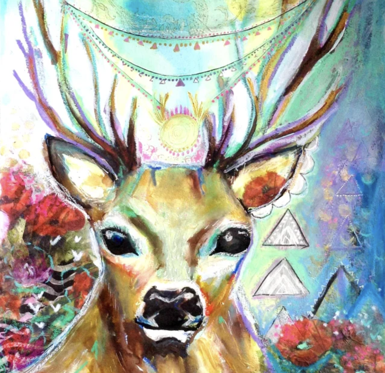 a beautiful deer painted in pastel hues surrounded by red poppies traingles a golden orb above the head and necklaces in their antlers