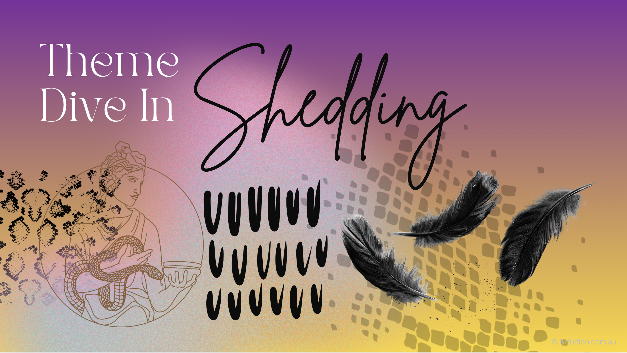 shedding theme on balyage background with snake skin and feathers