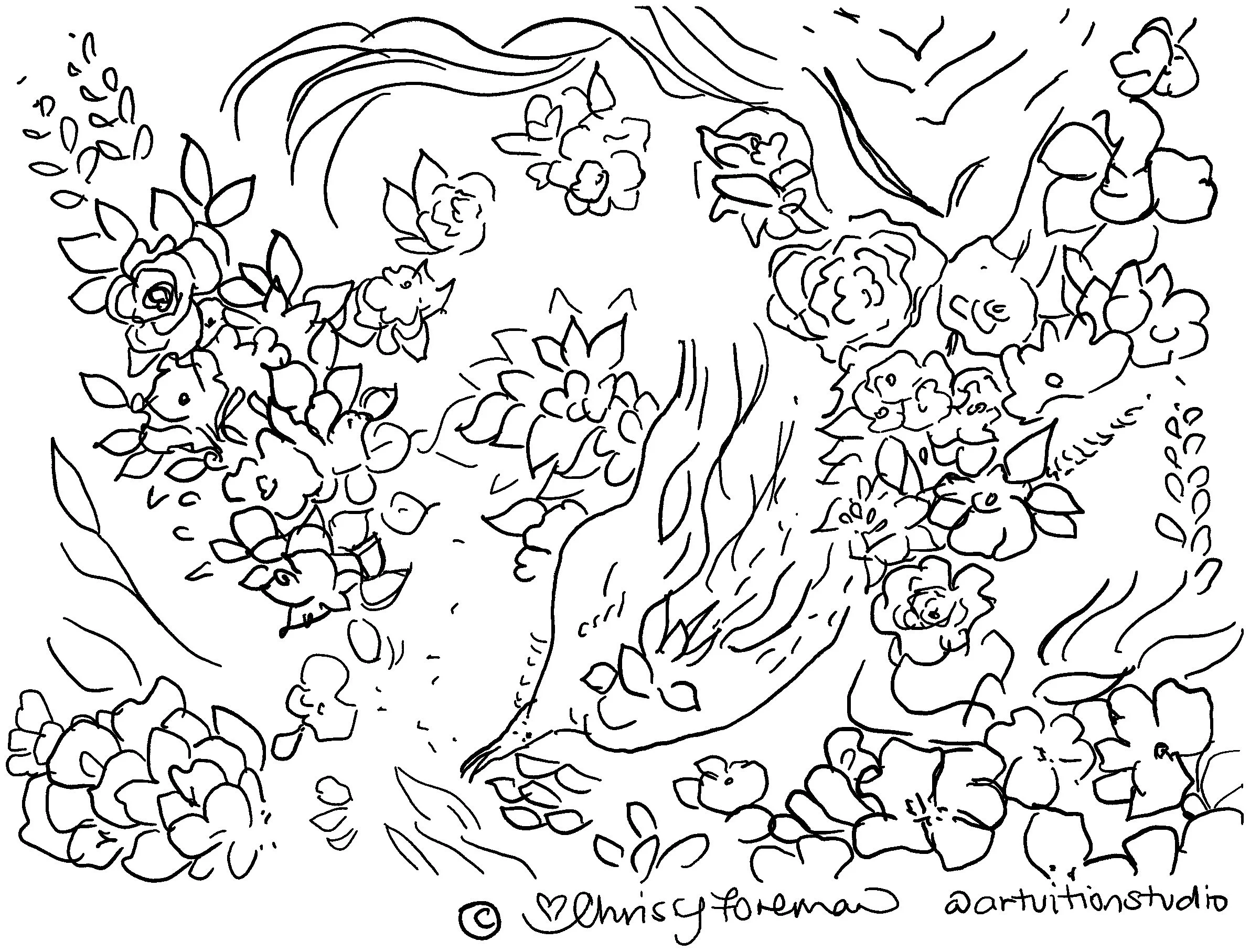Line drawing of a girl with long hair lying among flowers and foliage, smiling, with a background of clouds or abstract shapes.