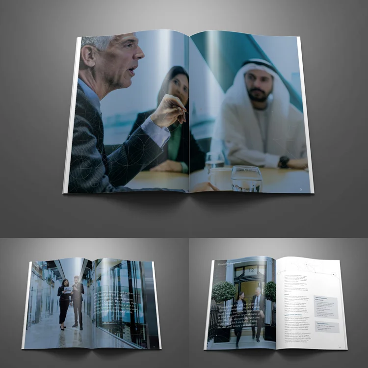 A selection of spreads and images from the printed corporate brochure.