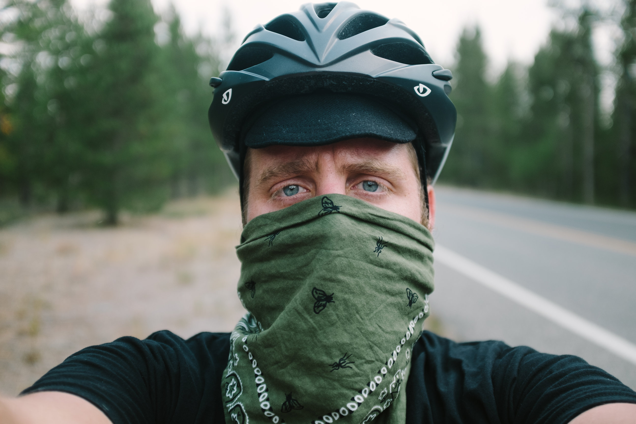 Had to wear a bandana to combat the smoke, it made riding pretty hard. We were glad to get out of the park and into Montana.