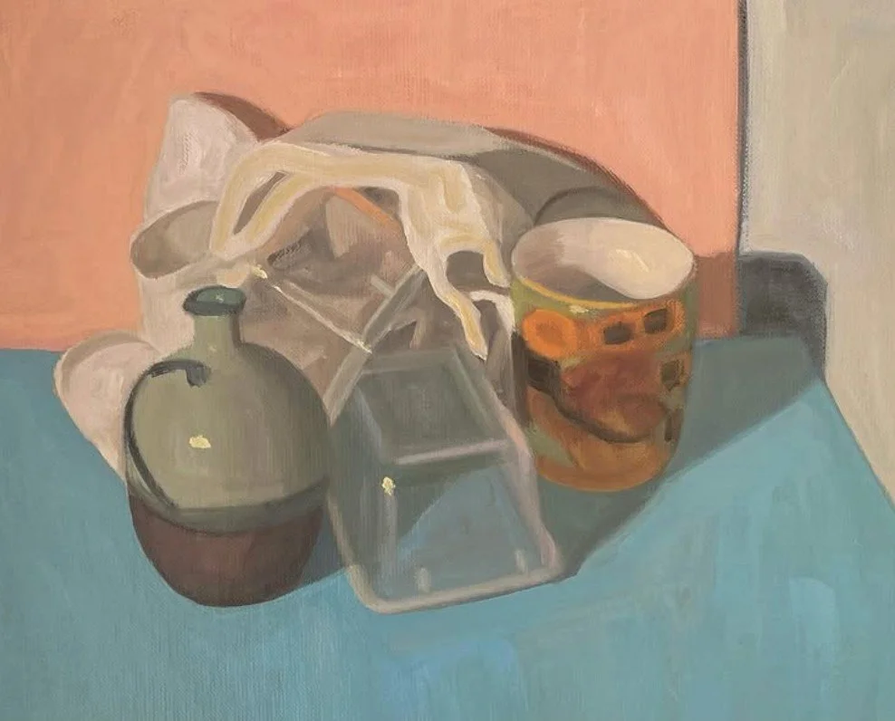 @janefrancestannock Another in the series 🤔 - still life with random objects and cloth 🙃 - oil on linen- 10 x 12 &quot;