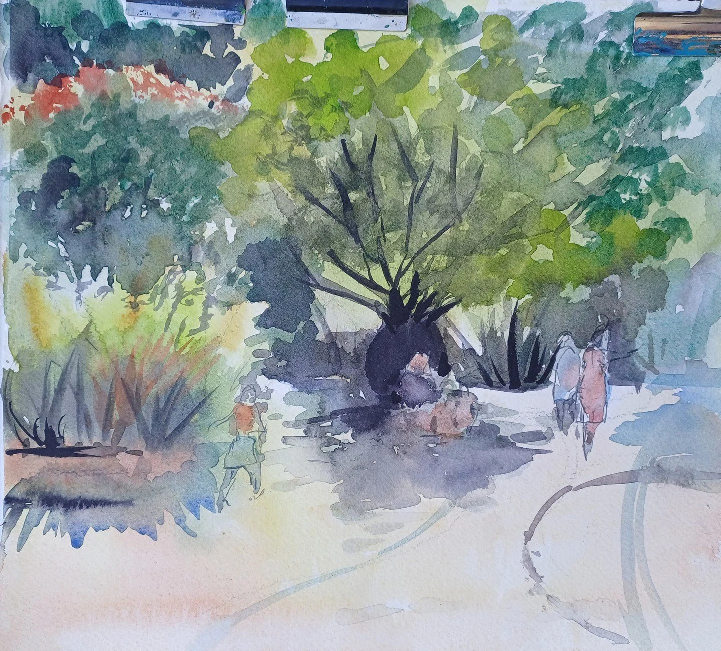From yesterdays Last Sunday of the month en plein air meet up at the Domain, just outside the Melbourne Observatory. A couple of fresh water colours from Maureen.