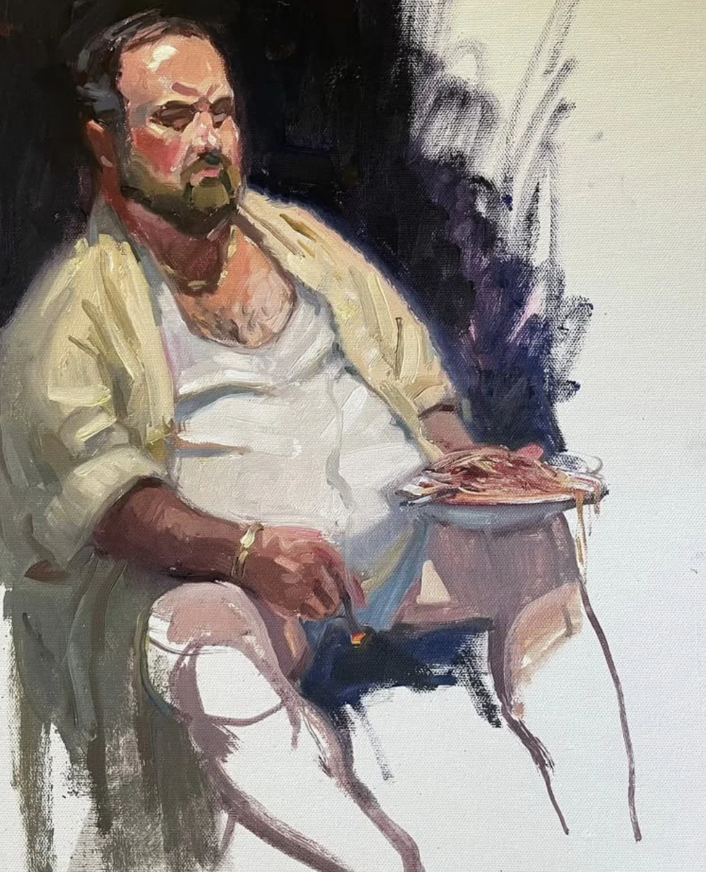 @mikekowalskifineart OIl painting with HAS Wednesday figure session. First time I've painted a model holding a plate of pasta! #figurepainting #hawthornartistsociety #portraitpainting #pasta