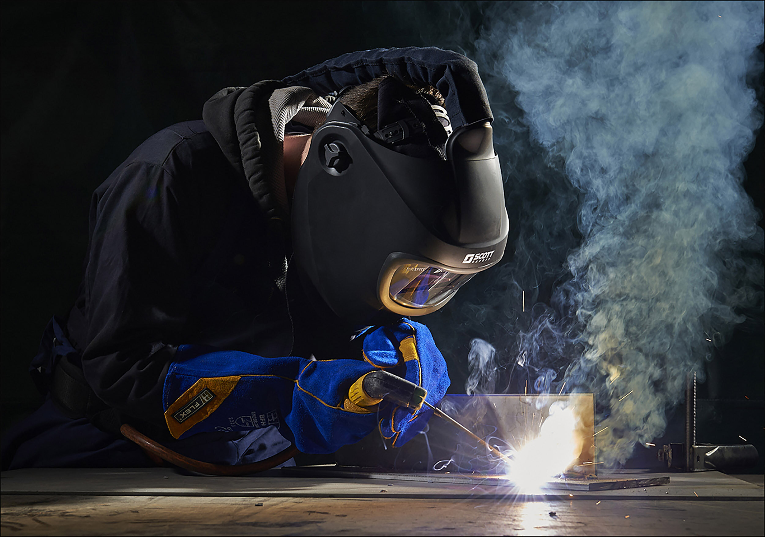 Close-up of a welder working in a Scott Safety FH4 Welding Mask
