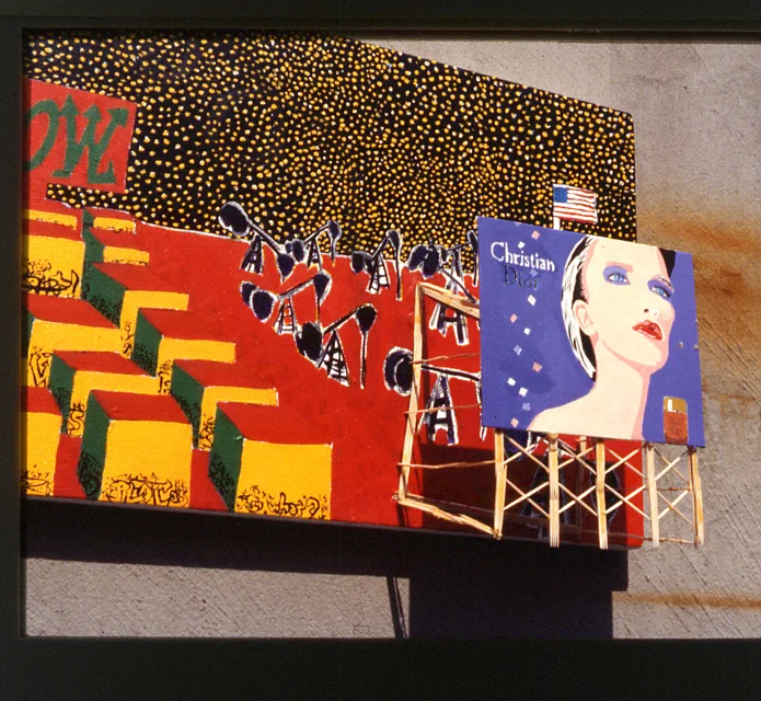 'now', ©1985, acrylic, toothpicks, kitty litter, do not have the dimensions, but it's not large.