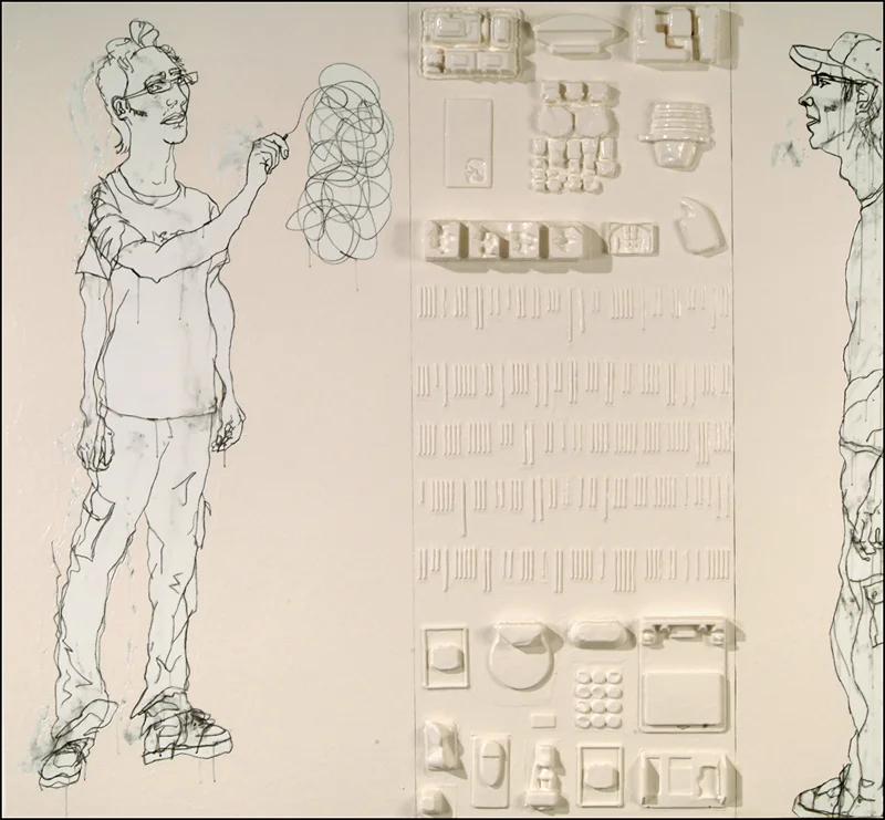 'basses', 69.5" x 75"x 5", alkyd, blister packs, charcoal, gesso on wood, ©2004