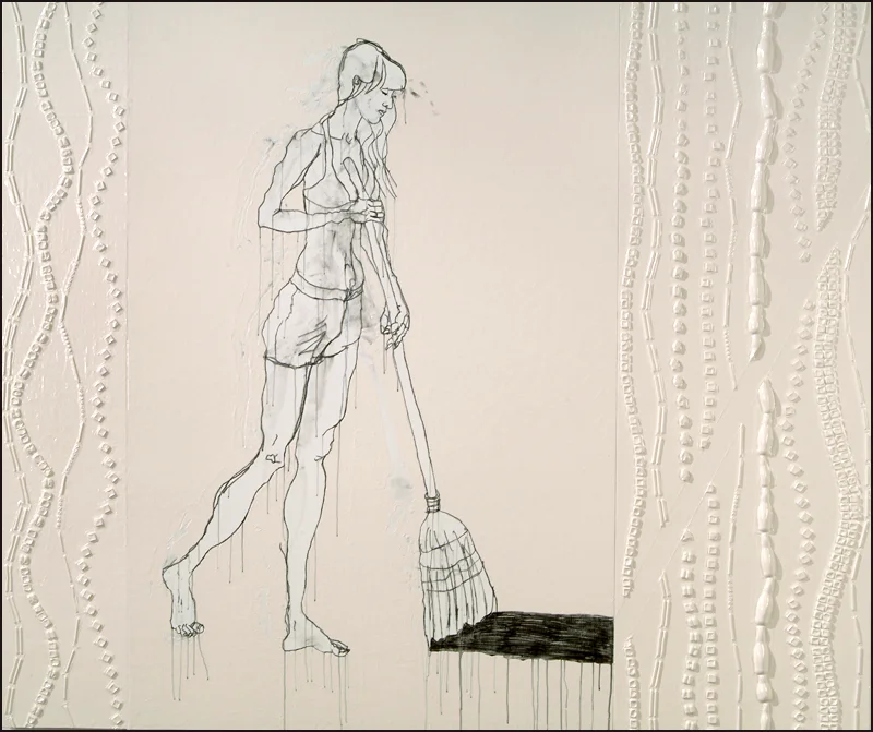 'paint the world (cinderella)', 68.875" x 82", alkyd, gesso, charcoal, blister packs on wood, ©2004