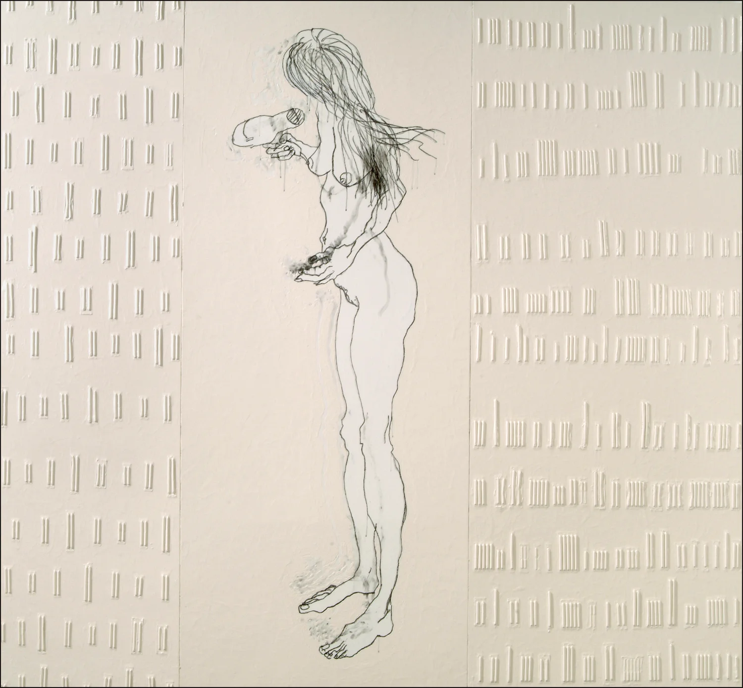 'blowdry' ©2004, alkyd, blister packs, charcoal, gesso on wood, 70" x 84"