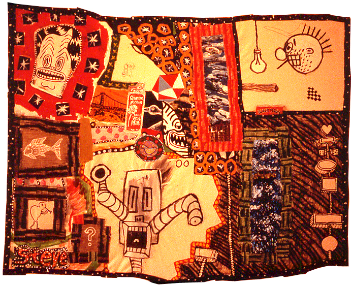 '??? (elvis thumbprint)', ©1986, patched canvas, acrylic, wood chips, graphite on cotton duck,