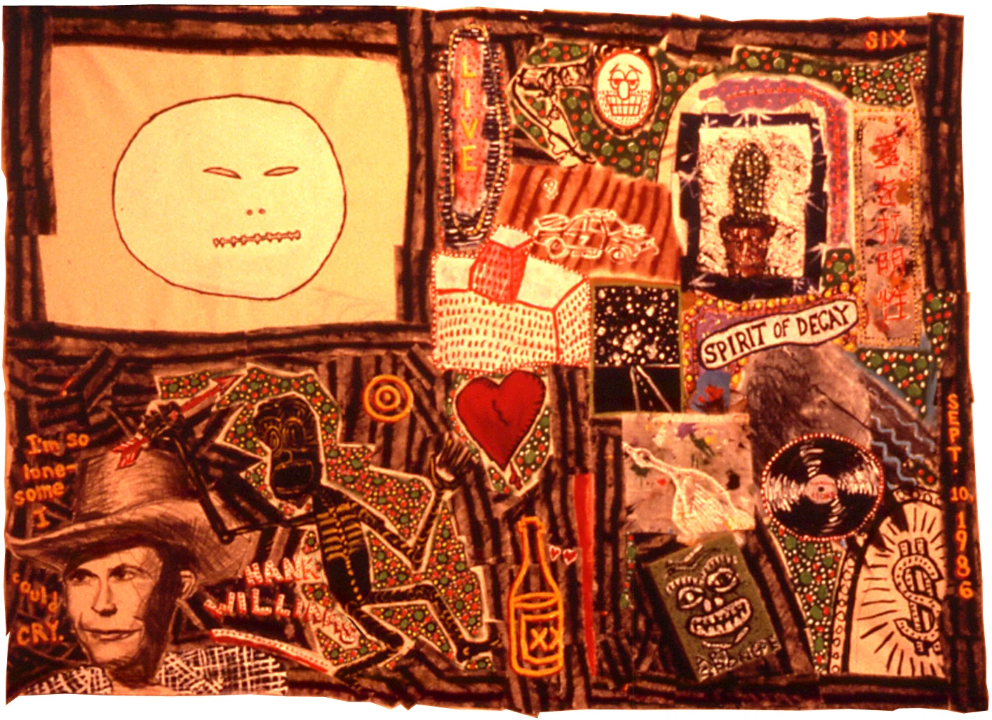 'hank sr.', ©1986, acrylic, patched canvas, art sponge, wood chips, graphite, dimensions