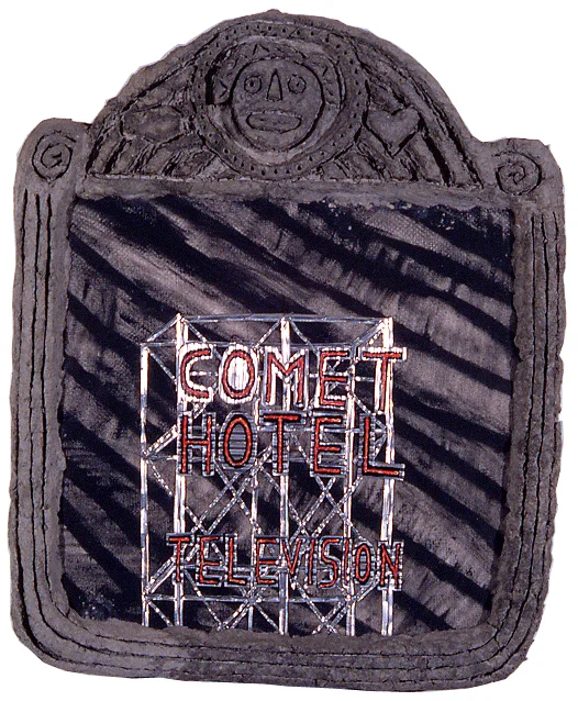 "Comet Hotel," 27" x 21", acrylic, aluminum, celluclay on wood, ©1987