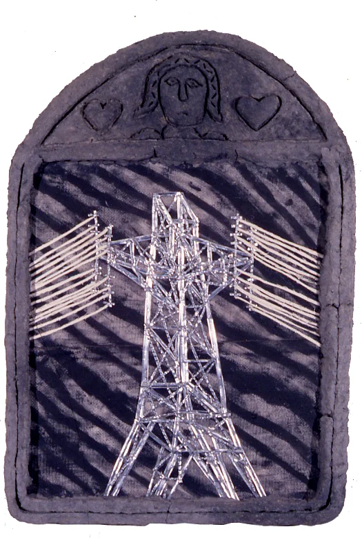 "untitled (hi-tension crucifix)," 38" x 41", acrylic, aluminum, celluclay on wood, ©1987