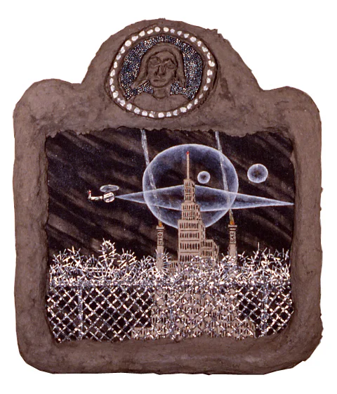 "bklyn waterfront," 16" x 16", acrylic, aluminum, celluclay on wood, ©1988