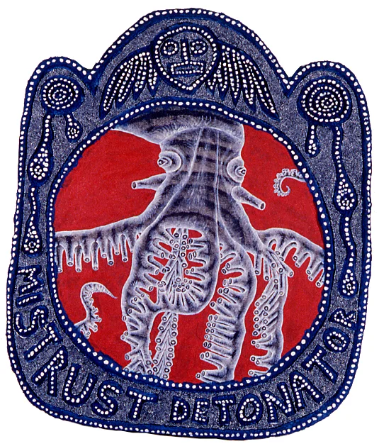"mistrust detonator," 27.5" x 28", acrylic, celluclay on wood, ©1990-91