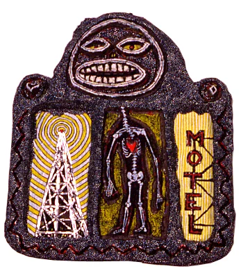 "motel," 12.5" x 13", acrylic, aluminum, celluclay on wood, ©1987-89