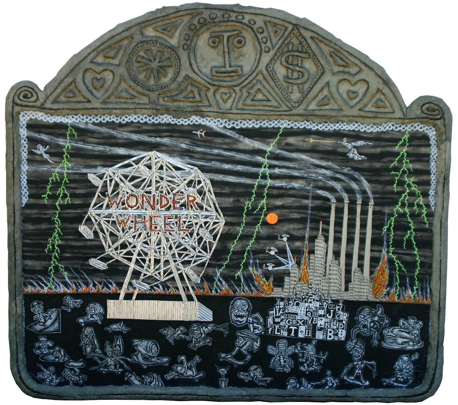 "the damned punished in hell," 44" x 48.25", acrylic, aluminum, celluclay on wood, ©1987-89