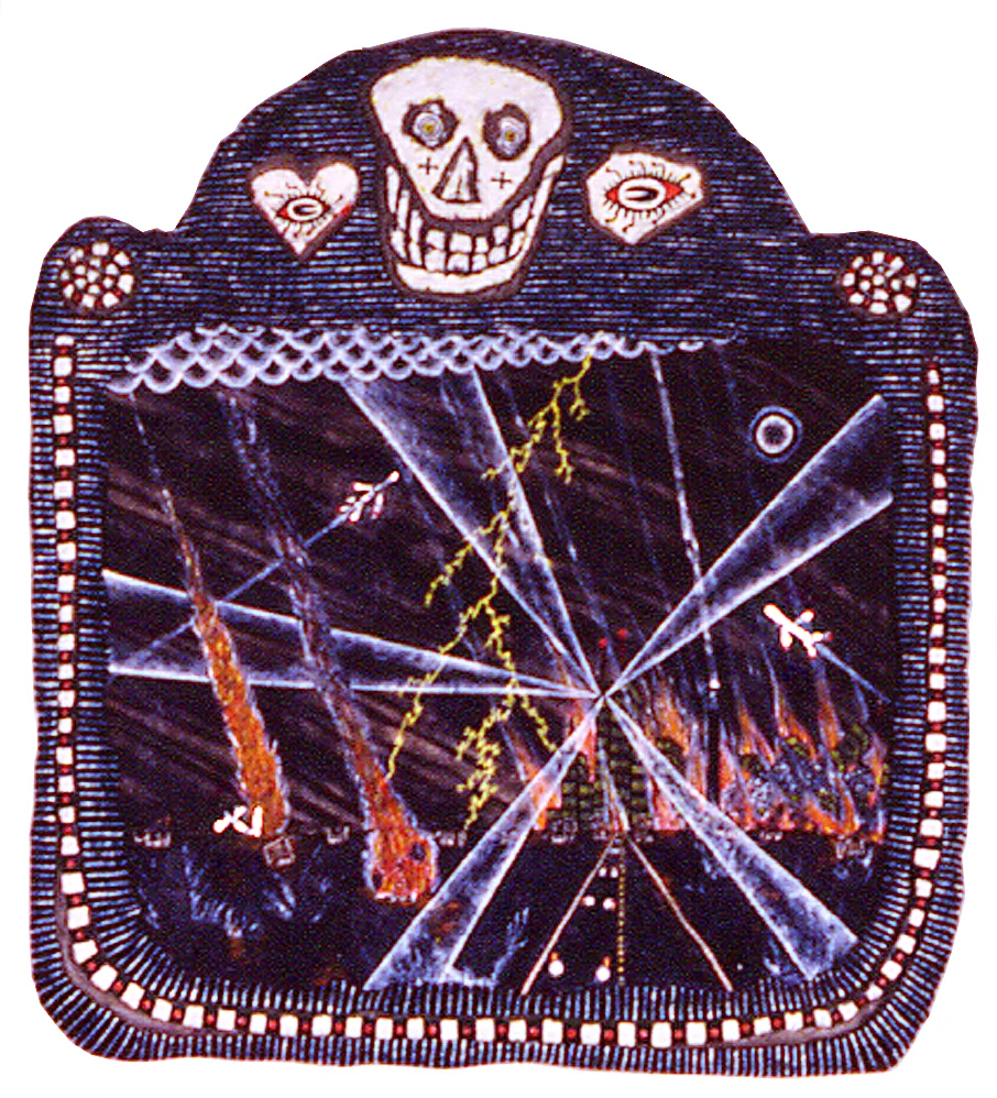 'atrocity exhibition' ©1991, acrylic, alumiunum, celluclay on wood,