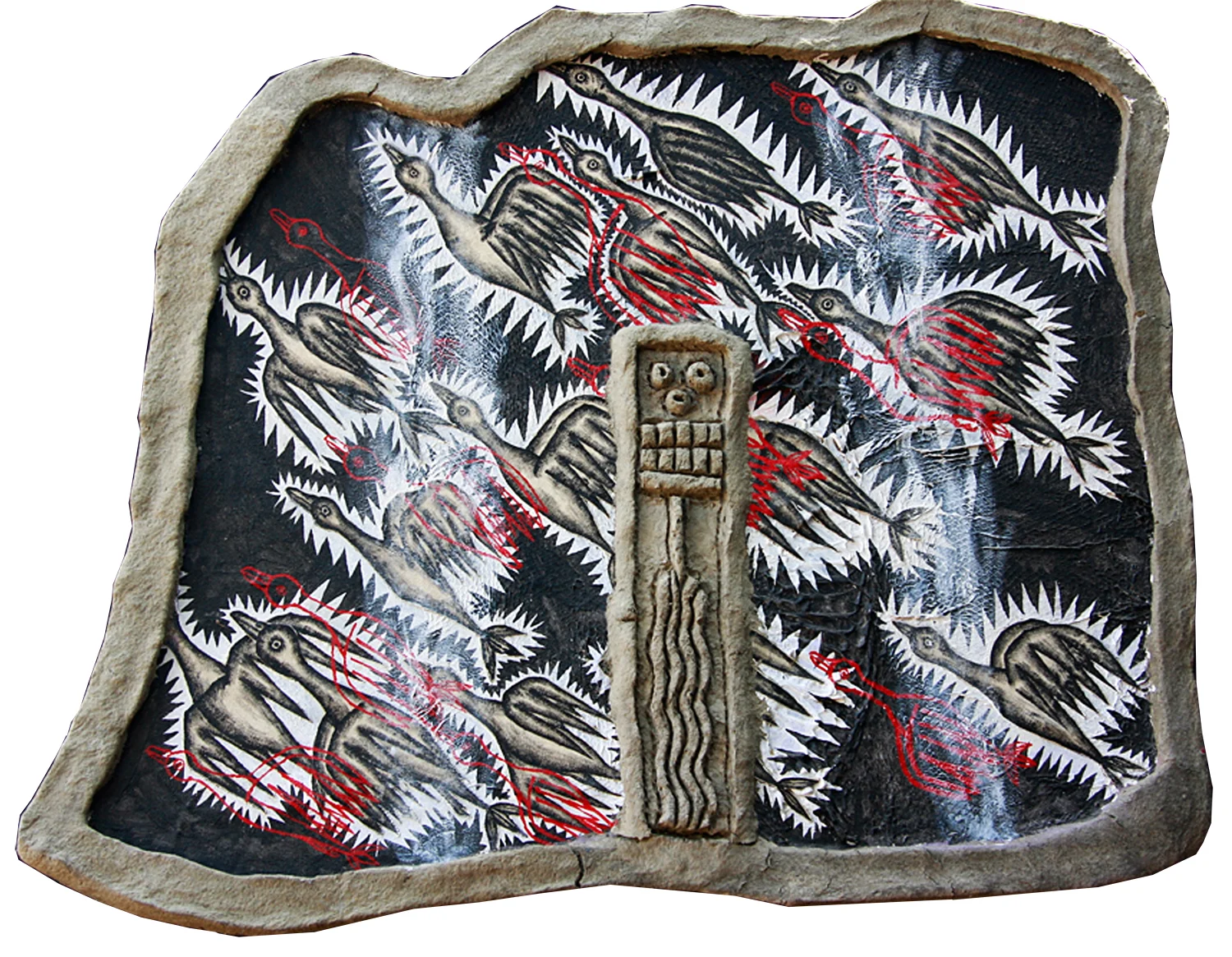 'flock' ©1991, acrylic, patched canvas, shed boa constrictor skin, canvas, celluclay on wood, approximately 25" x 31 1/4".